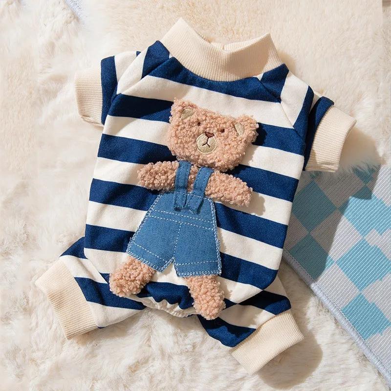 Cute Bear Striped Thin Dog Jumpsuit Pet Coat Four Legs Dog Pajamas Kitten Puppy Sweatshirt Autumn for Small Dogs