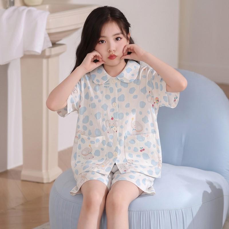 Girls Cotton Gauze Pajama Set Short Sleeve Cartoon Sleepwear Kids Home Wear