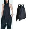 Summer New Product Women's Clothes Fashion Style Asymmetric Hem Silk Satin Texture Hanging Collar Short Top 2754100