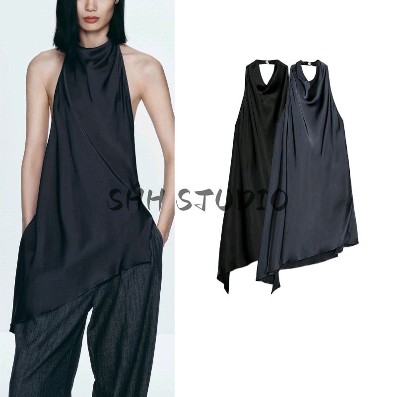 Summer New Product Women's Clothes Fashion Style Asymmetric Hem Silk Satin Texture Hanging Collar Short Top 2754100
