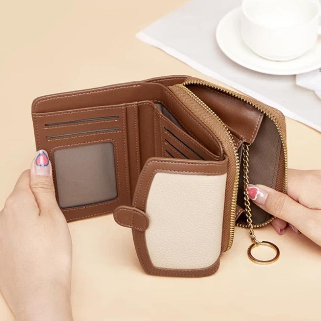Cnoles Women's Wallet, Short Genuine Leather, Mini Fashion Coin Purse, Brown