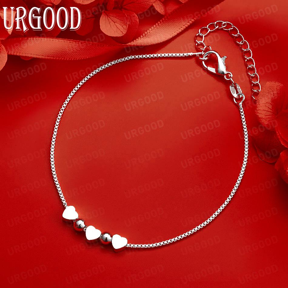 925 Sterling Silver Snake Chain Heart Bead Bracelet Fashion Jewelry Gift 20CM
