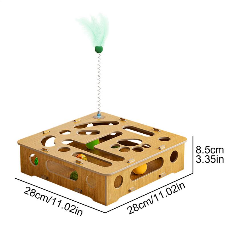 Cat Puzzle Toy Cat Toys Puzzle Wood Box with Feather and Balls Indoor Sports Entertainment Hunting Interactive Spring Cat Teaser
