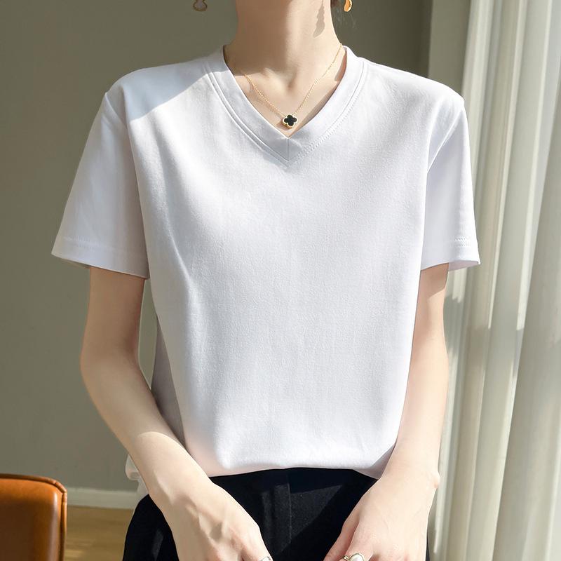 High-Quality Women's V-Neck Short-Sleeve Mercerized Cotton T-Shirt: Non-See-Through, Casual, Sweat-Absorbent, Breathable, Versatile Fit.