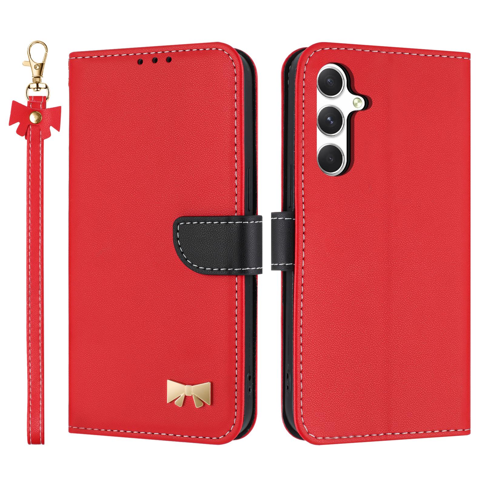 

For Samsung Galaxy A55 5G Case Bowknot Decor Wallet Leather Phone Cover with Wrist Strap Red