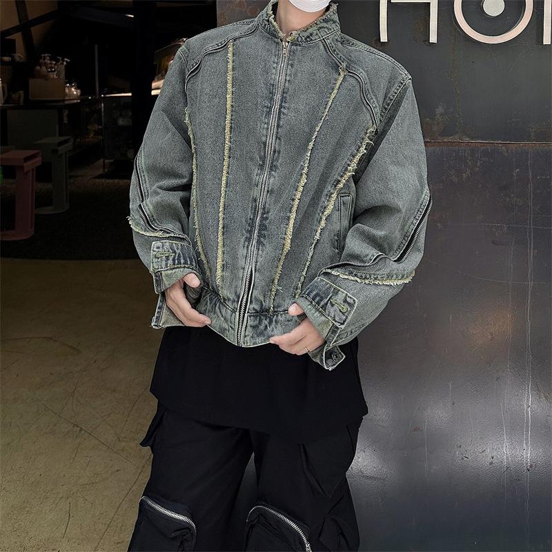 

Men s vintage washed denim jacket men s street collar workwear trendy ruffian biker jacket men s cardigan 3XL
