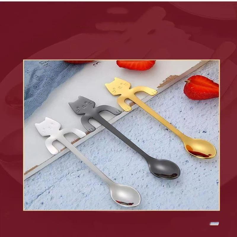 Stainless Steel Cute Cat Hanging Spoons Smooth Edge Lovely Design Fit For Coffee Tea Dessert Home Use