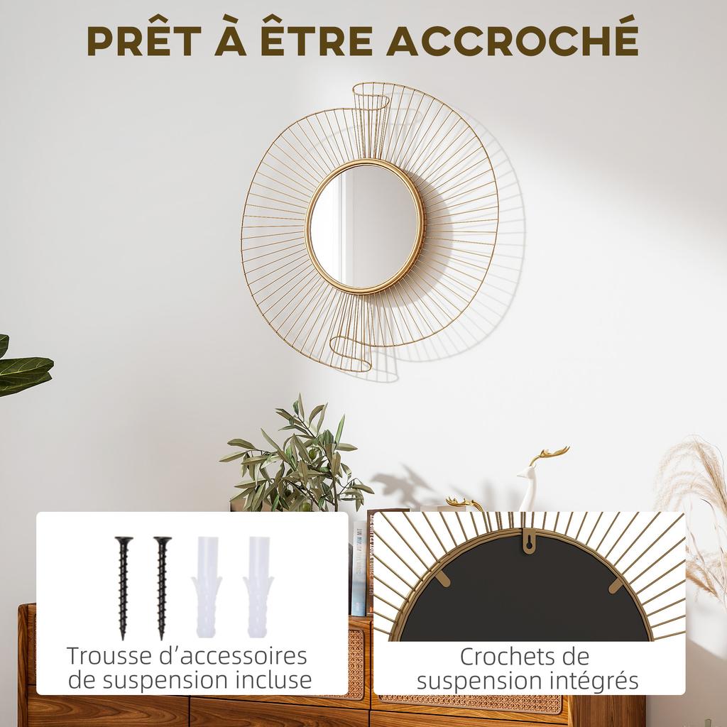 Round Decorative Mirror 60 Cm with 360 Degrees Mounting, Modern Metal Wall Decoration with Pleated Details, Gold