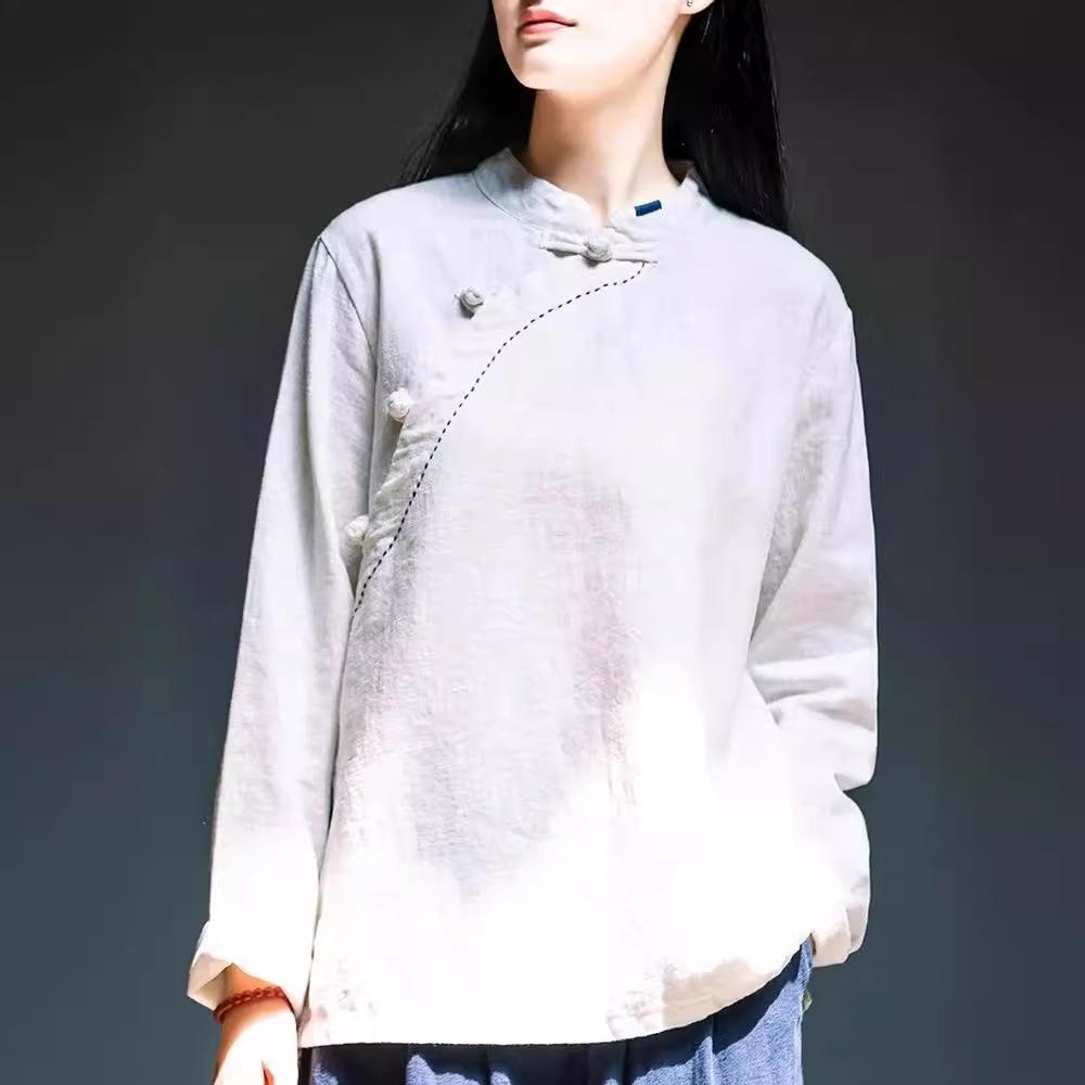 Cotton and linen stand-up collar long-sleeved women's spring and autumn new buckle pullover top long-sleeved T-shirt
