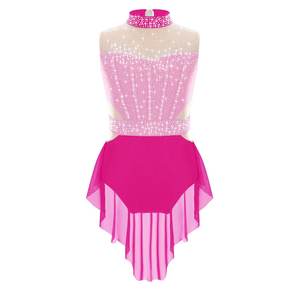 Gimnastard Fete Performanță Gimansticard Gât Mock Fără Mâneci Stil Strălucitor Strasuri Bloc de Culoare Plasă cu Fustă Body