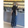 Women's Vintage Aesthetic Blue Lightweight Sheer Checkered Long Skirt Flared Hem Summer Slim Fit Plaid Dress