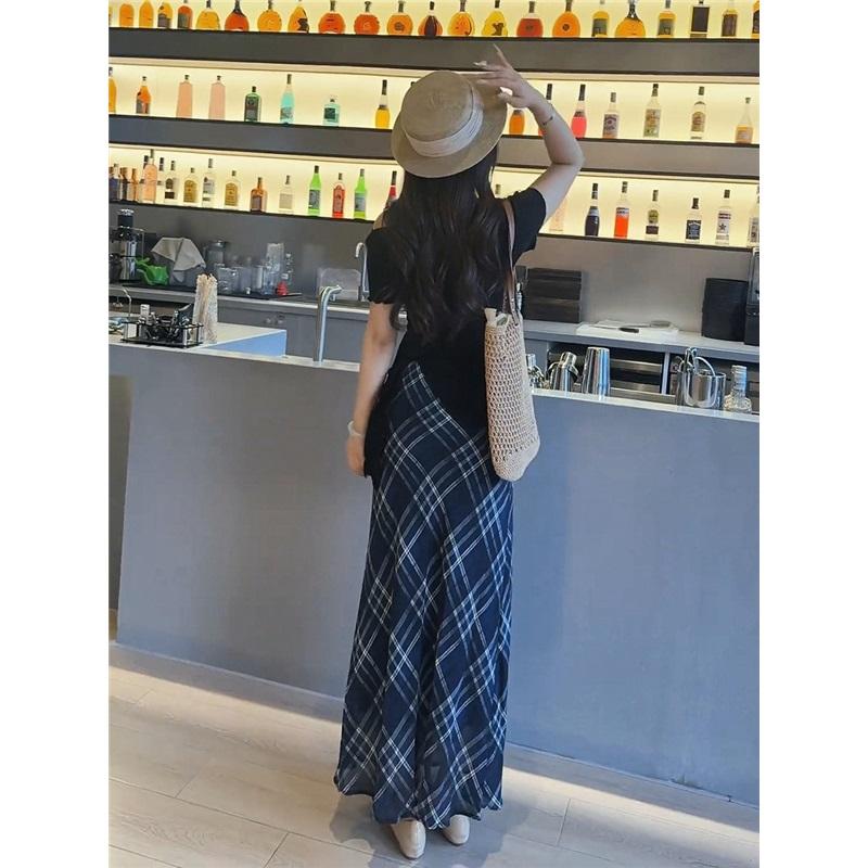 Women's Vintage Aesthetic Blue Lightweight Sheer Checkered Long Skirt Flared Hem Summer Slim Fit Plaid Dress