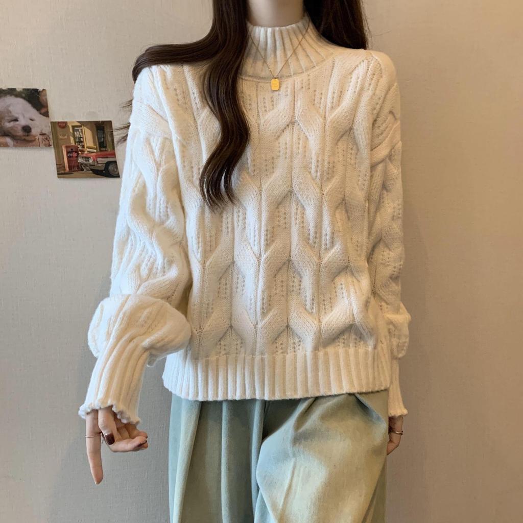 Plus Size Women's Winter Fluffy Cable Knit Sweater, Slimming Thick Half-High Neck Top