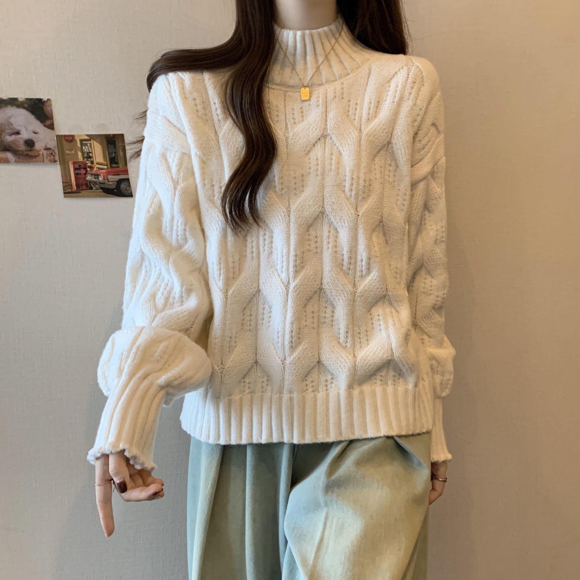 

Plus Size Women s Winter Fluffy Cable Knit Sweater, Slimming Thick Half-High Neck Top XL [120-140 lbs]