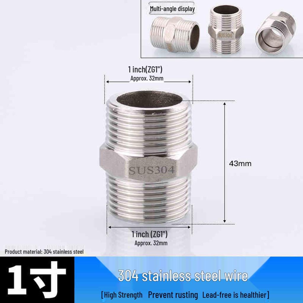 304 Stainless Steel Double-Headed Hexagonal Eccentric Reducer, DN25, 1/2" to 3/4" Male Thread Straight Stud