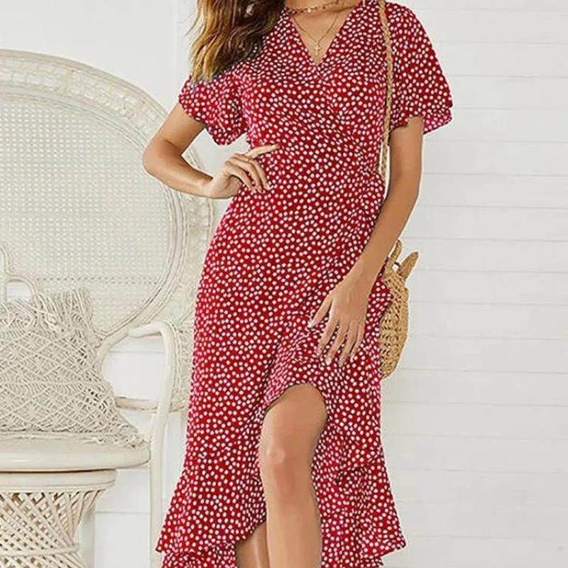Summer Beach Maxi Dress Women Floral Print Boho Long Chiffon Dress Ruffles Wrap Casual V-Neck Split Sexy Party Dress Robe Femme