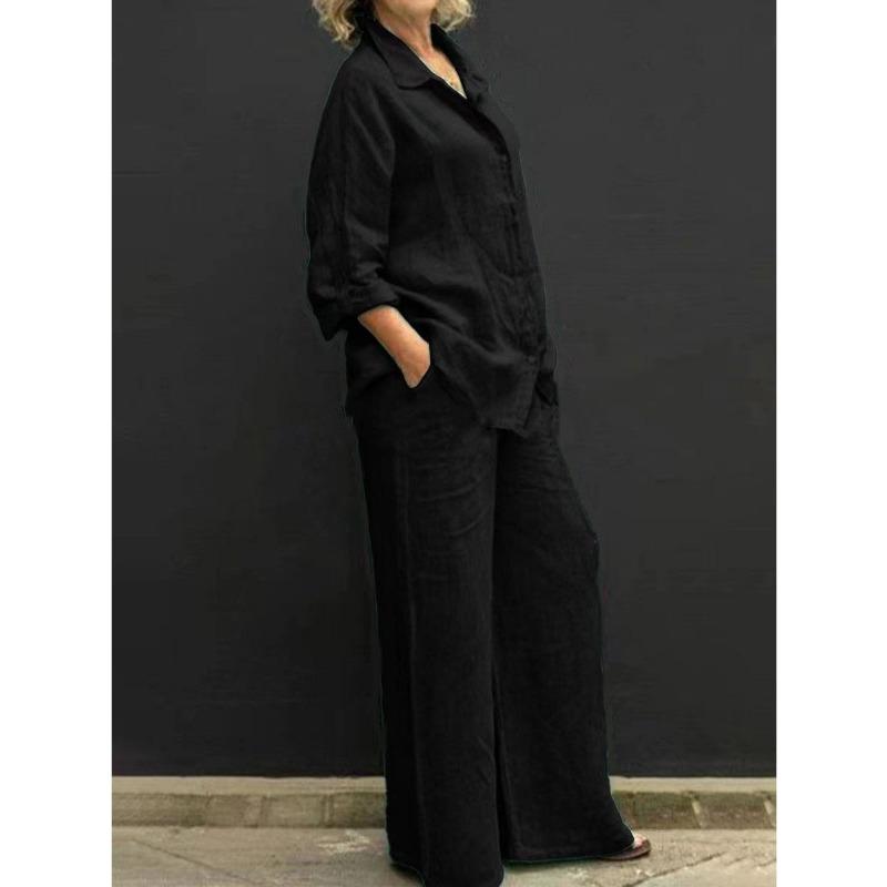 Womens Solid Color Linen Two Piece Set Loose Shirt And Wide Leg Pants