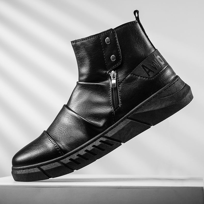 Fashion 2024 New Black Men's High-top Fashion British Style Leather Boots Winter Shoes Korean Style All-match Breathable Boots Tide