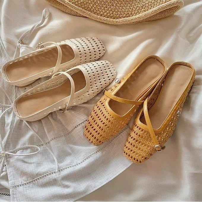 Sheepskin Version! 3cm Inner Height Increase Bag Head Half Drag Women's Summer Thick Heel Weaving Hollow Mary Jane Cool Slippers Women's Outer Wear