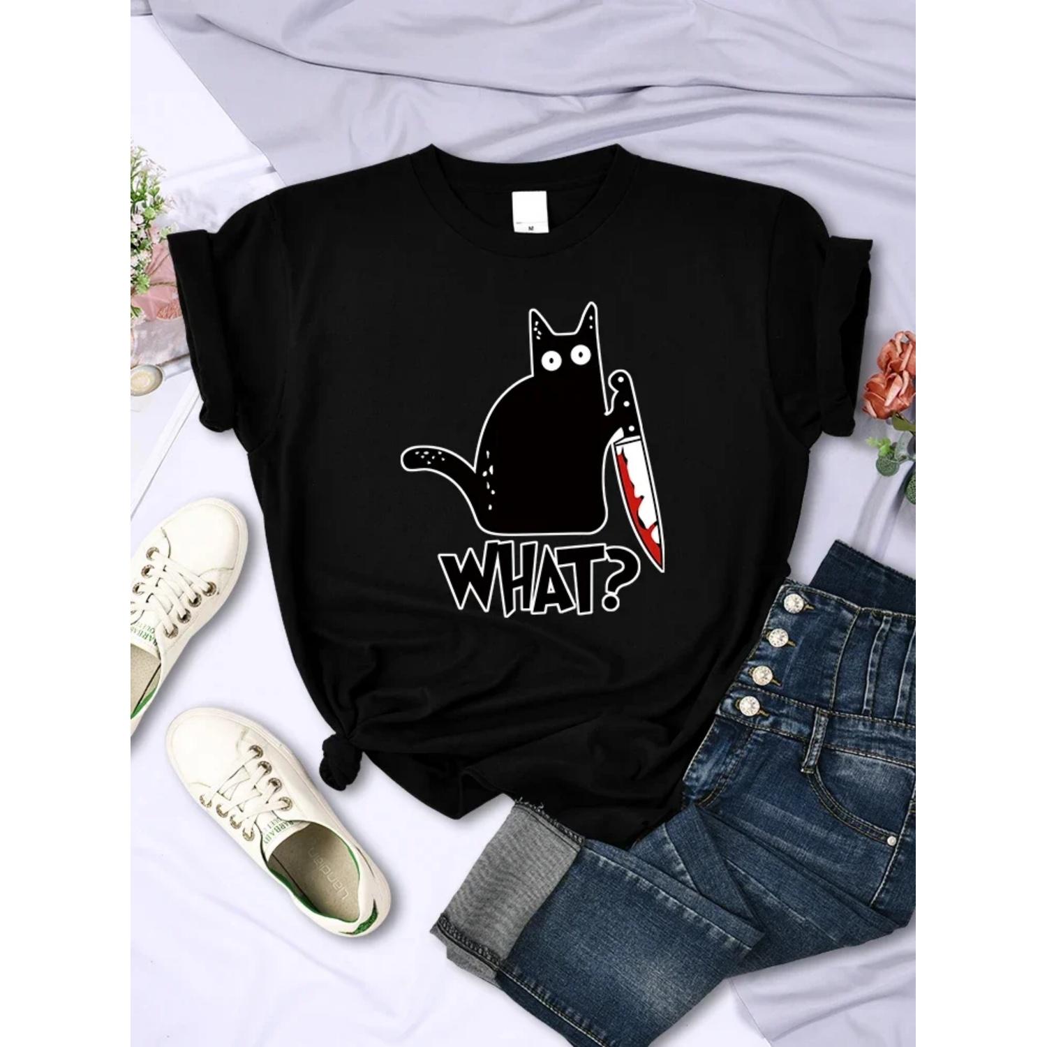 

Kitchen Knife Black Cat What Print Female Short Sleeve Fashion Breathable T-Shirts Summer Cool Tee Clothes Street Hip Hop Tops S чёрный