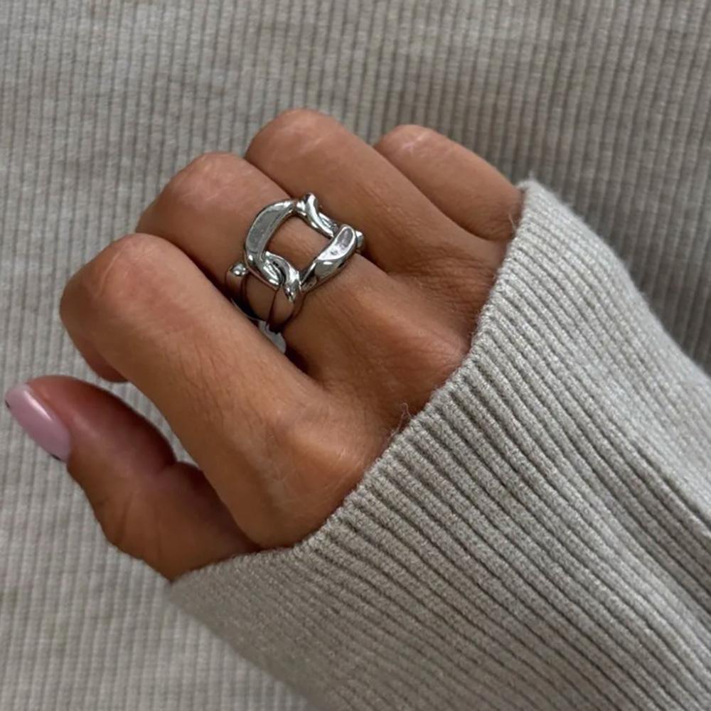 Simple Geometric Irregular Hollow Silver Color Rings for Women Exaggerated Vintage Personality Hip Hop Birthday Jewelry Gifts