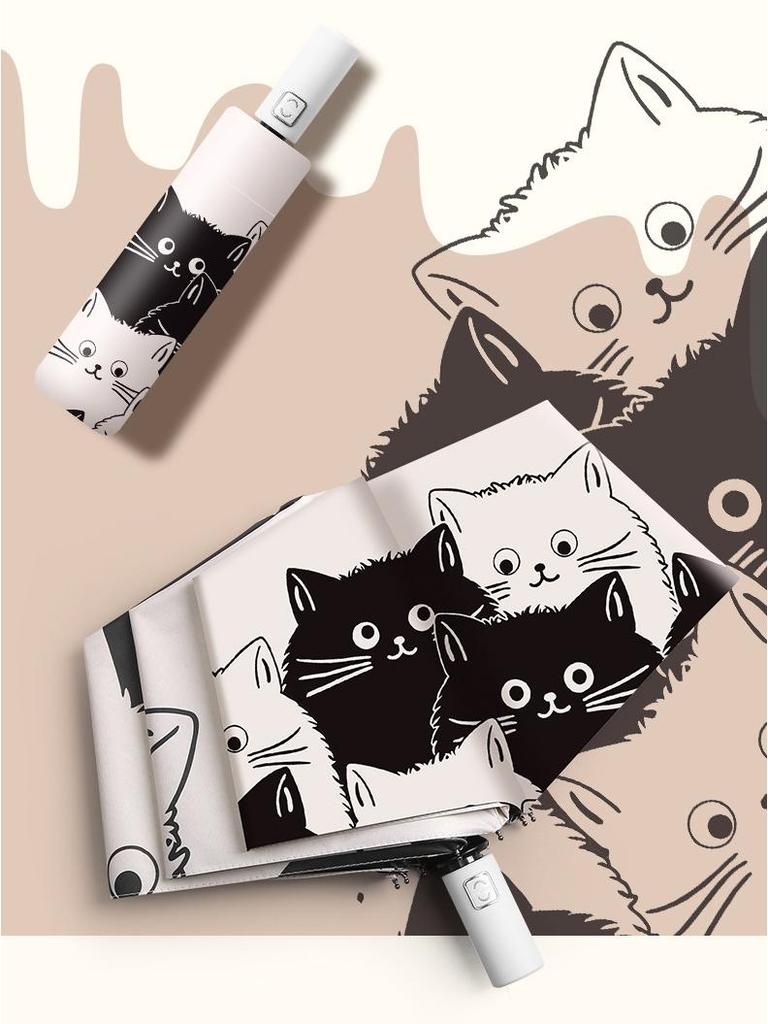 Large Automatic Three-Fold Umbrella: Kitten Design, Black Glue, for Sun and Rain