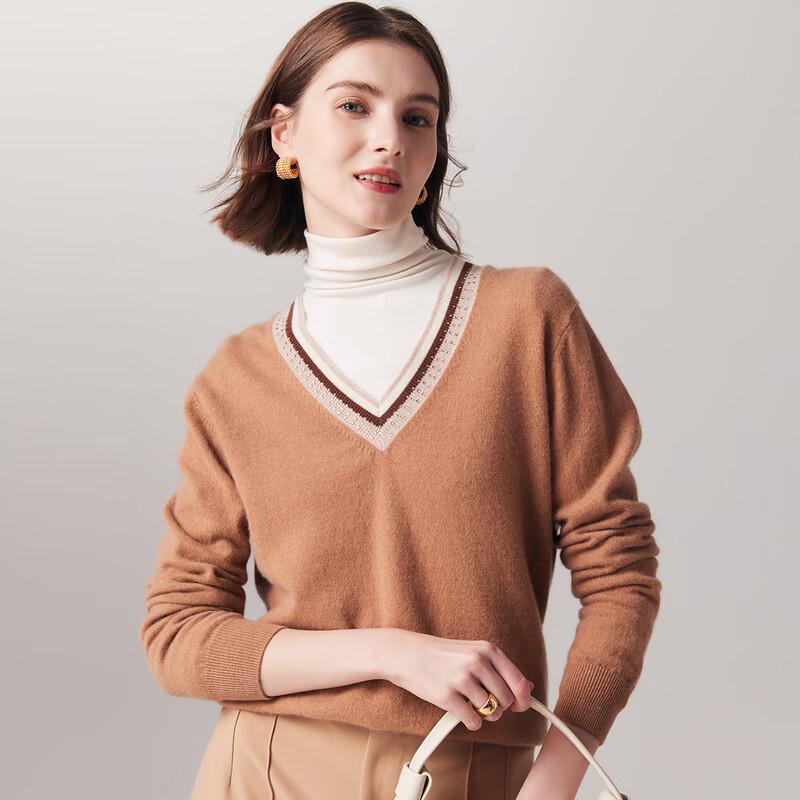 Parlo Women's V-Neck Color Block Cashmere Sweater