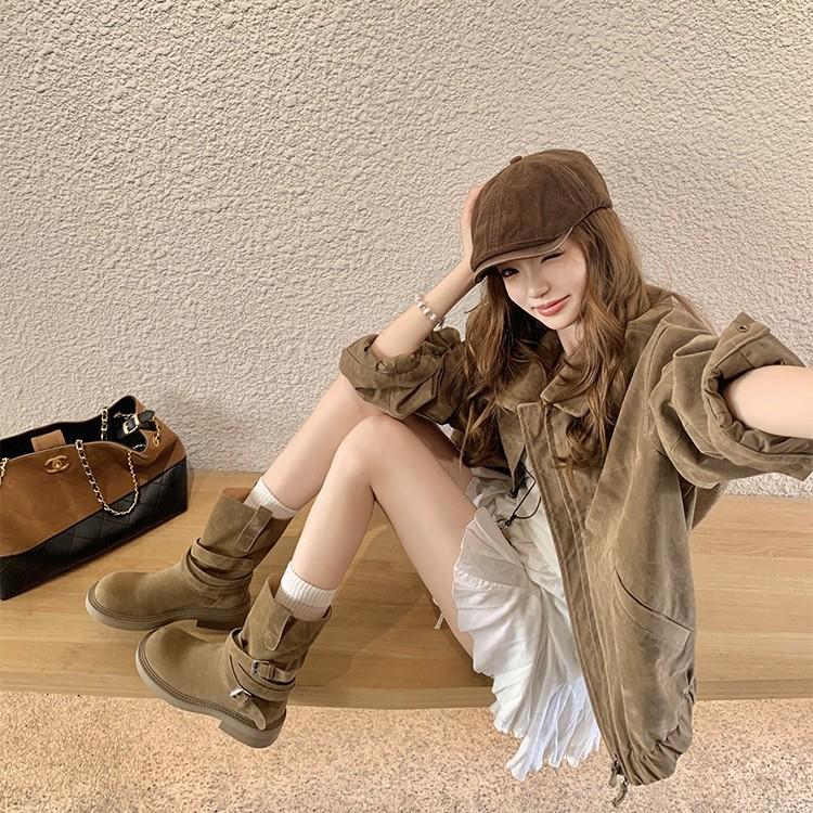 [Suding Home] Soft Aden Boots~ Retro Suede Belt Buckle Thick-soled Martin Pile Short Boots Women's Western Boots