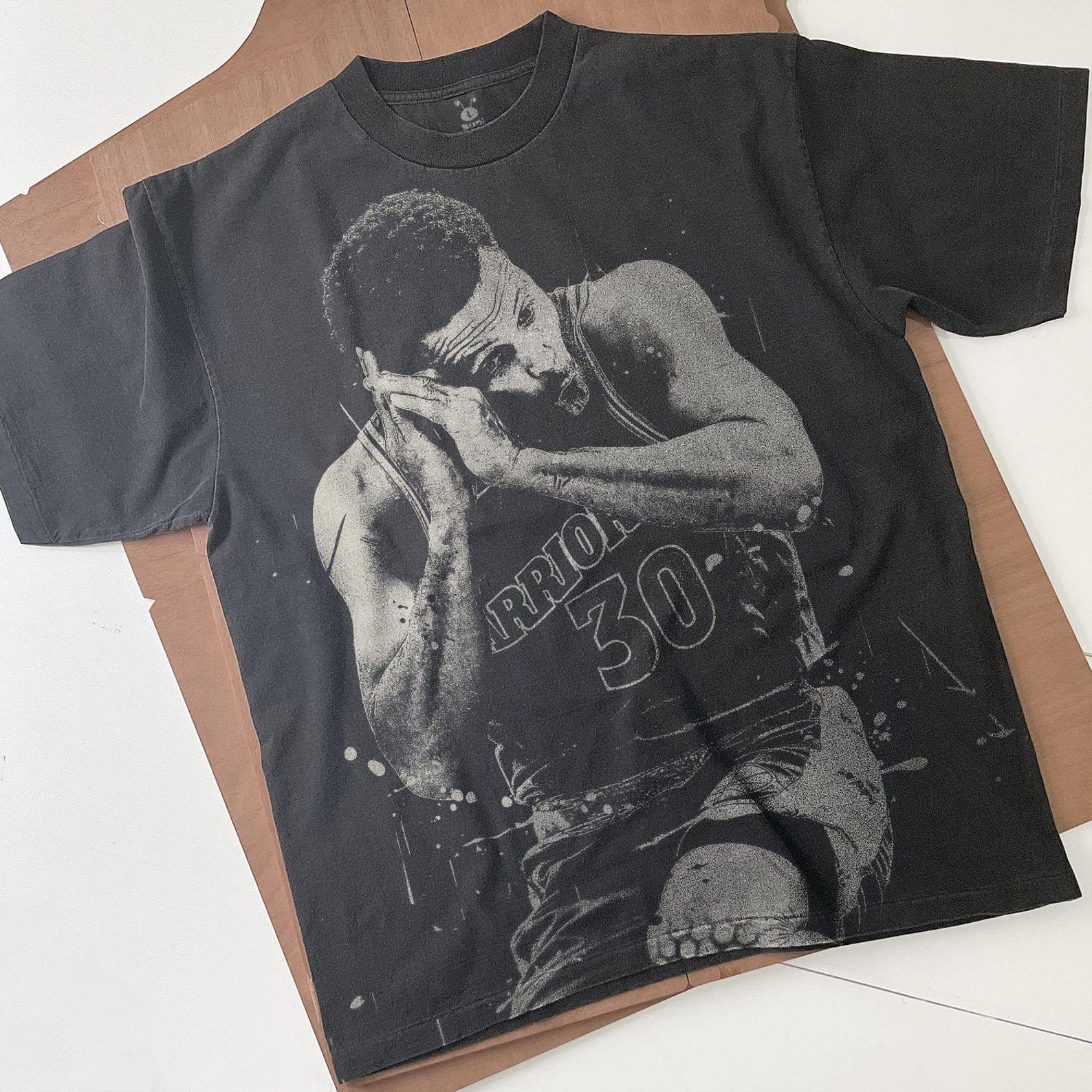 Stephen Curry Handmade Bleached T-Shirt: Faded Black Cotton Unisex 4XL
