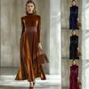 Dames midi-jurk met lange mouwen, fluweel en ceintuur, en pofmouwen