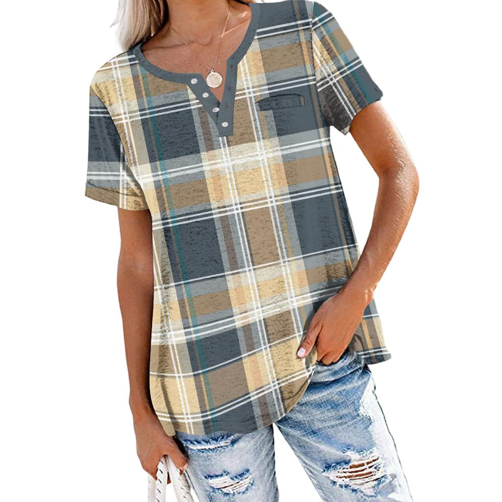 Dámský Módní Ležérní Letní Kostkovaný V-výstřih Knoflíky Krátký Rukáv Top