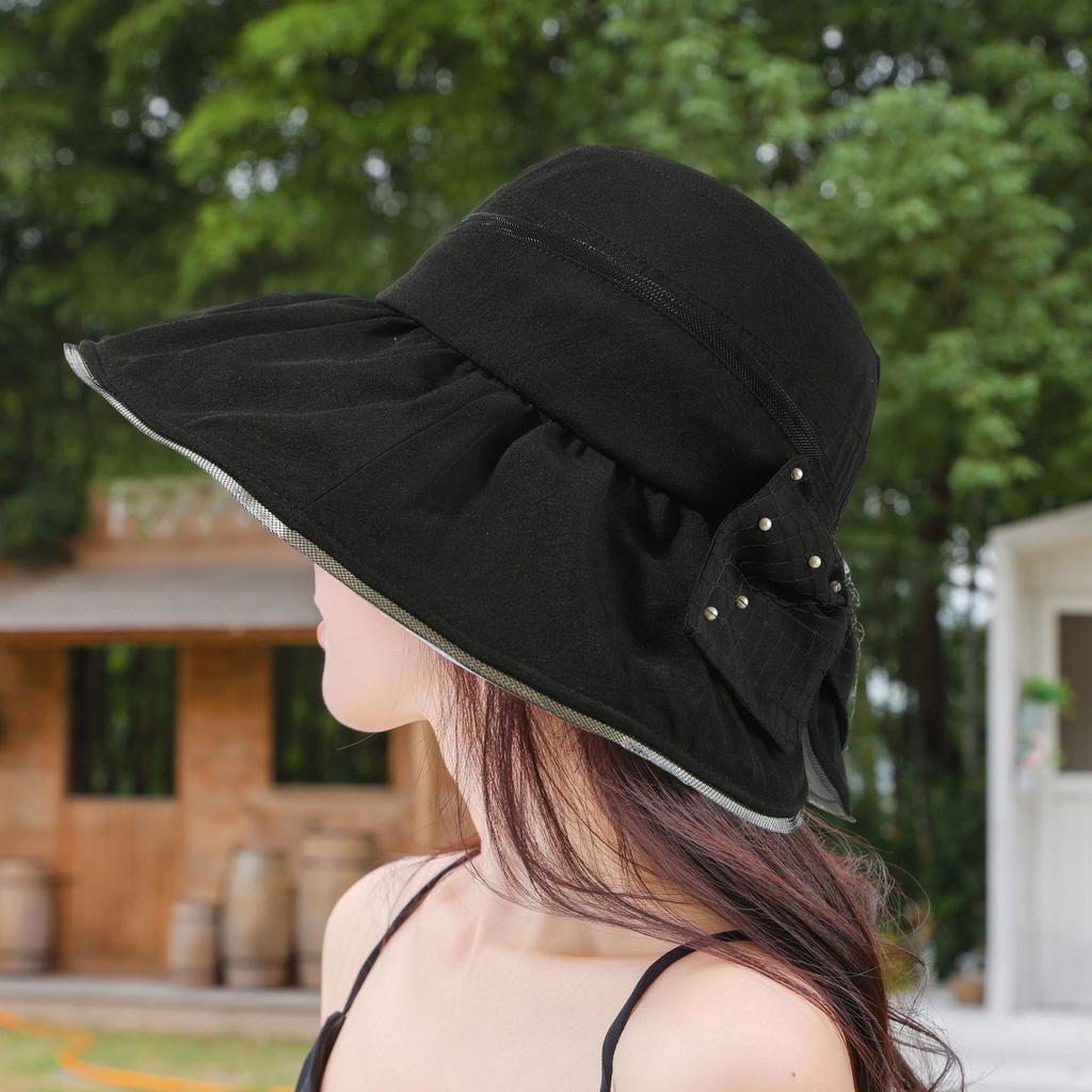 New High-end Mesh Bow Bucket Hat Women's Spring and Summer Light Foldable Sunscreen Sunshade Basin Hat Elegant and Versatile