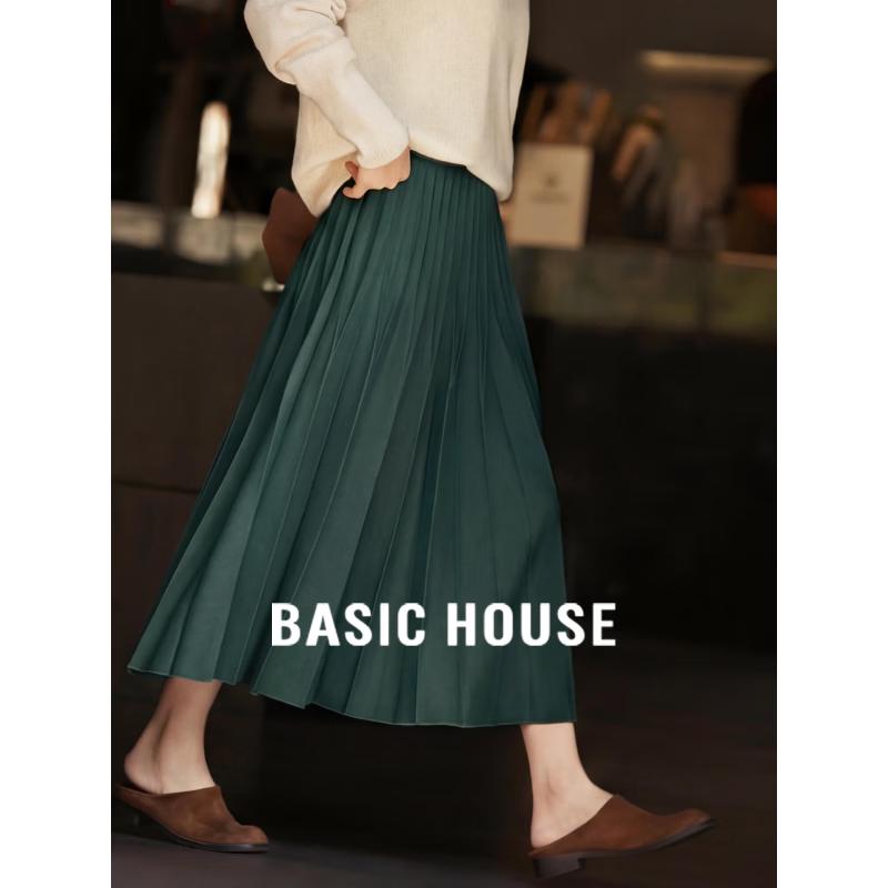 Basic House Women s High-Waist Pleated A-Line Midi Skirt L
