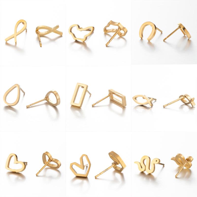 Stainless Steel Geometric Animal Earrings Set: Water Drop, Horseshoe, Heart, Cross, Fish, Snake Designs