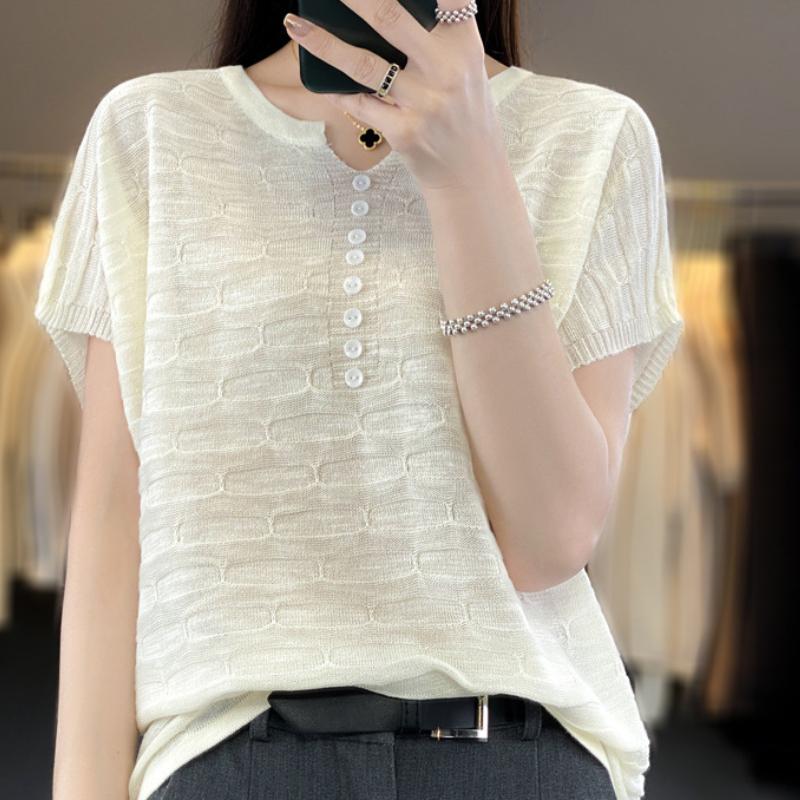 

Bamboo Joint Hemp Knitted Short-sleeved Women s New Summer Fashion Versatile Hollow Top M