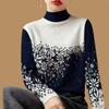 Women Winter Navy White Floral Print Turtleneck Long Sleeve Knit Top