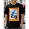 Men's Black Alko Sud Graphic T-Shirt With Retro Bottle Logo, Short Sleeve Crew Neck Cotton Tee For Casual Streetwear And Summer Outfits