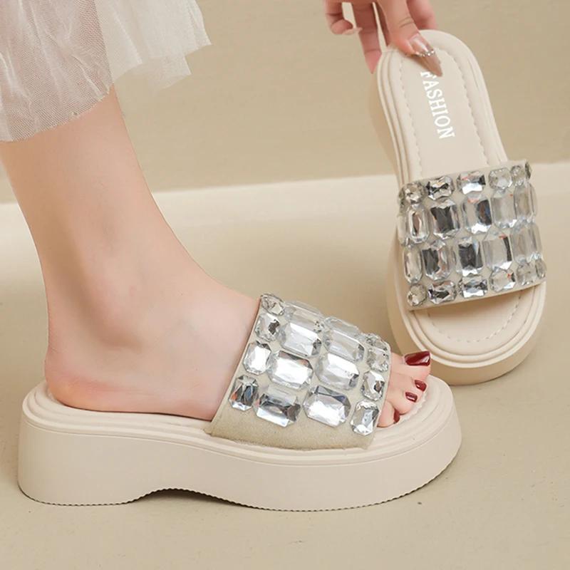 Fashion Big Crystal Chunky Platform Wedge Sandals Women Summer 2025 Thick Bottom Shiny Gem Slides Woman Slip On Mules Sandalias De Mujer