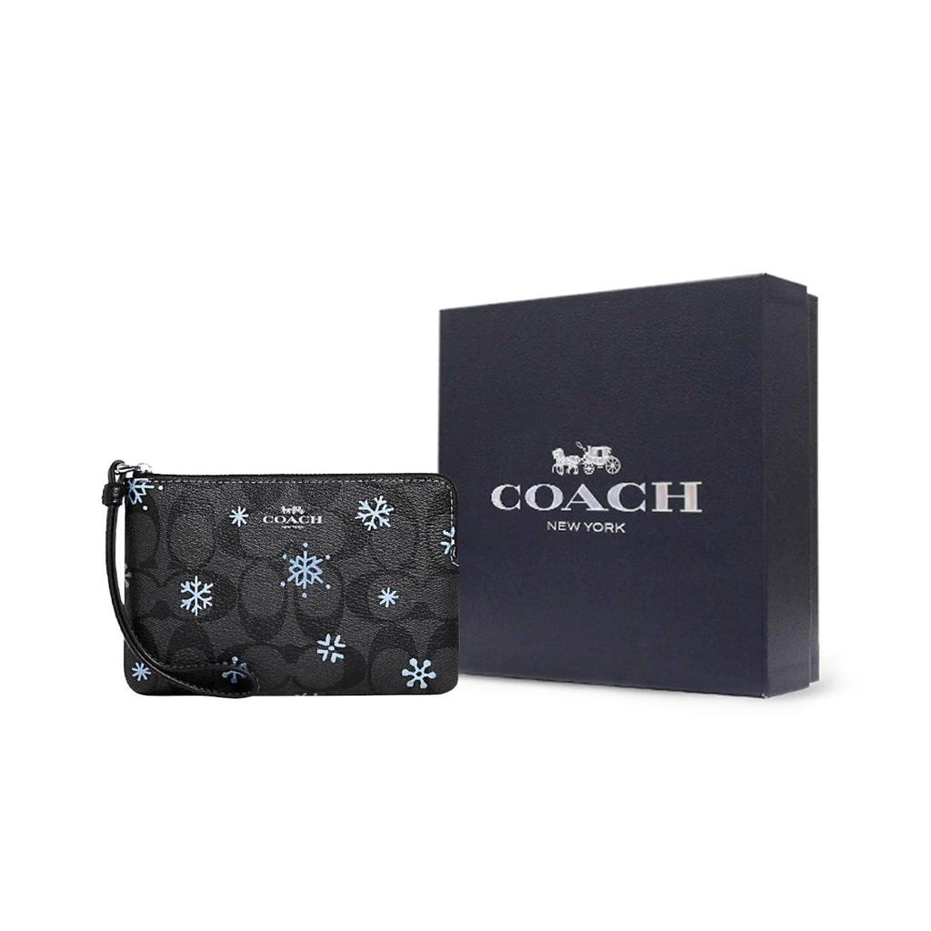 Coach Corner Zip Series 16 Classic Monogram Print Zipper Wristlet Clutch Small Women Clutch Black CF286-SVV2W