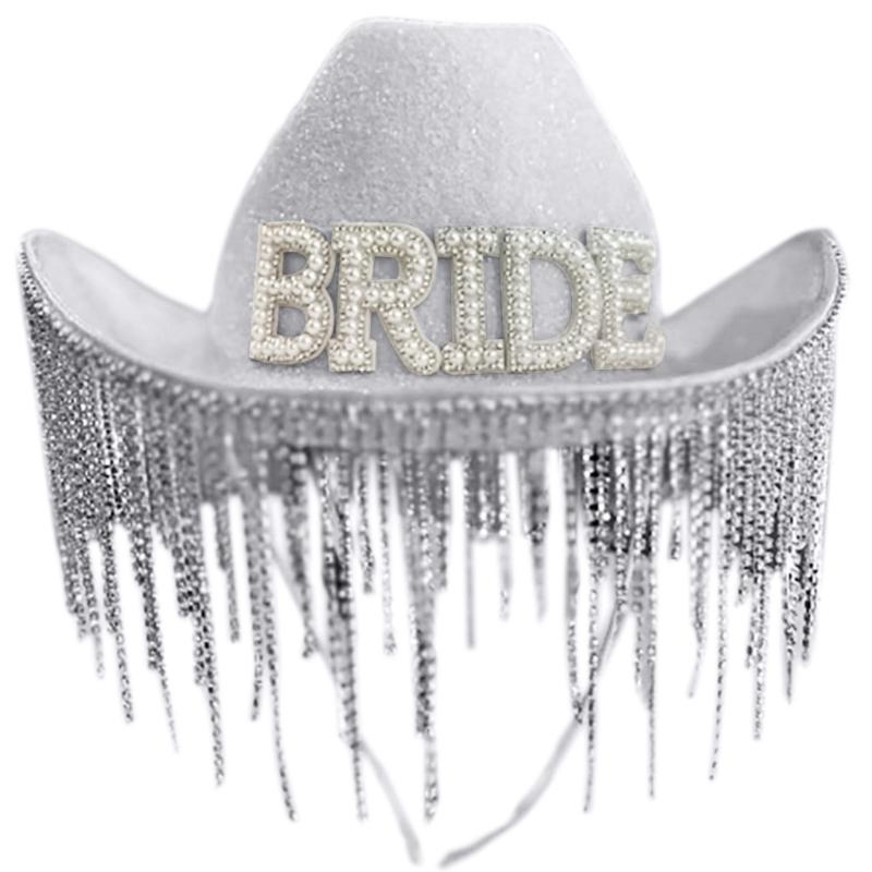 

Shimmering Rhinestones Tassels Cowgirl Hat Wide Brim Cowboy Hat for Bachelorette 1 білий
