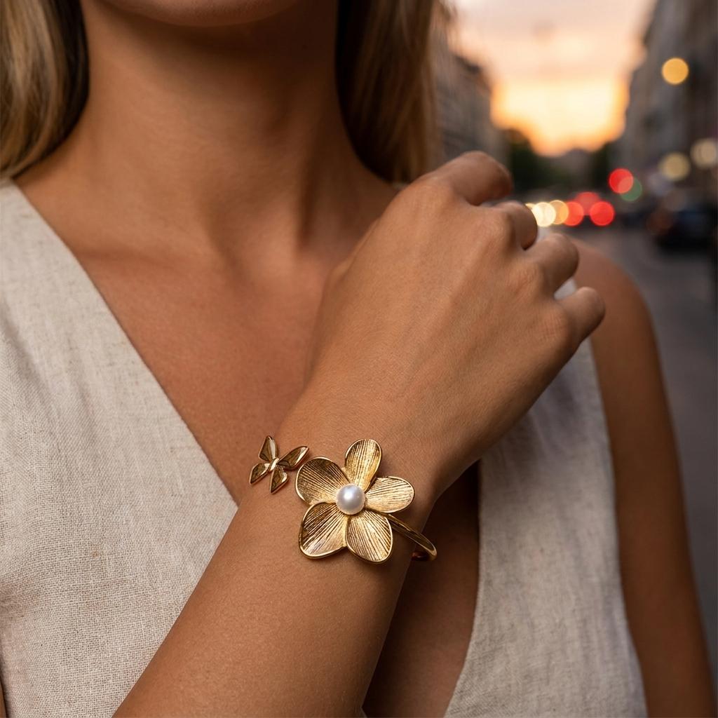 Stainless Steel Asymmetric Flower Butterfly Open Cuff Bangles for Women Gold Plated Metal Floral Bracelets Waterproof Jewelry