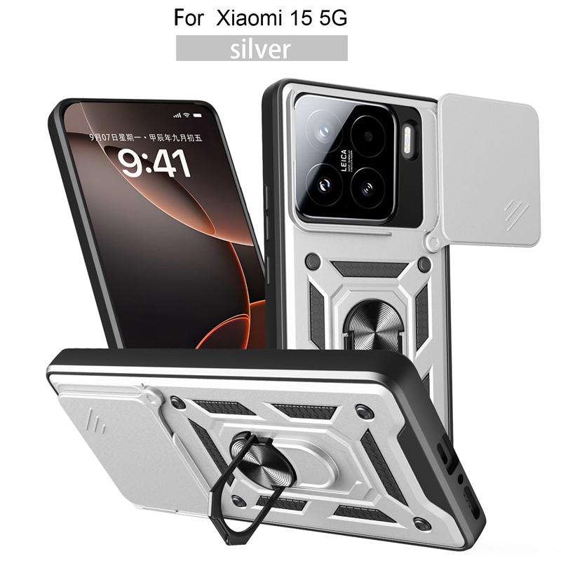Military Grade Magnetic Ring Holder Shockproof Armor Design Case For Xiaomi 15T Pro Slide Camera Anti-Fall Full Protective Cover