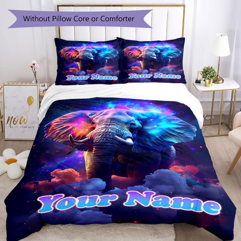 3PC Custom Name Cosmic Elephant Dreams Bedding Set Duvet Cover Closure Includes 1 Duvet Cover & 2 Pillowcases for Bedroom