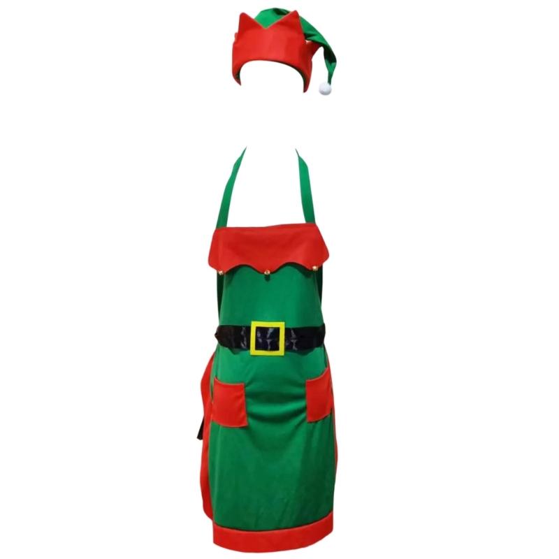 Elf Apron Cooking Aprons Kitchen Apron Christmas Apron and Hat Set Waitress Apron Christmas Elf Hat for Women Man