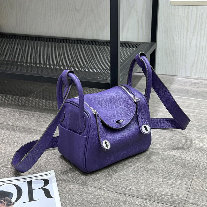 

2025 new first-layer cowhide iris purple LD bag genuine leather mini pillow doctor bag portable shoulder bag women 19x10x12cm