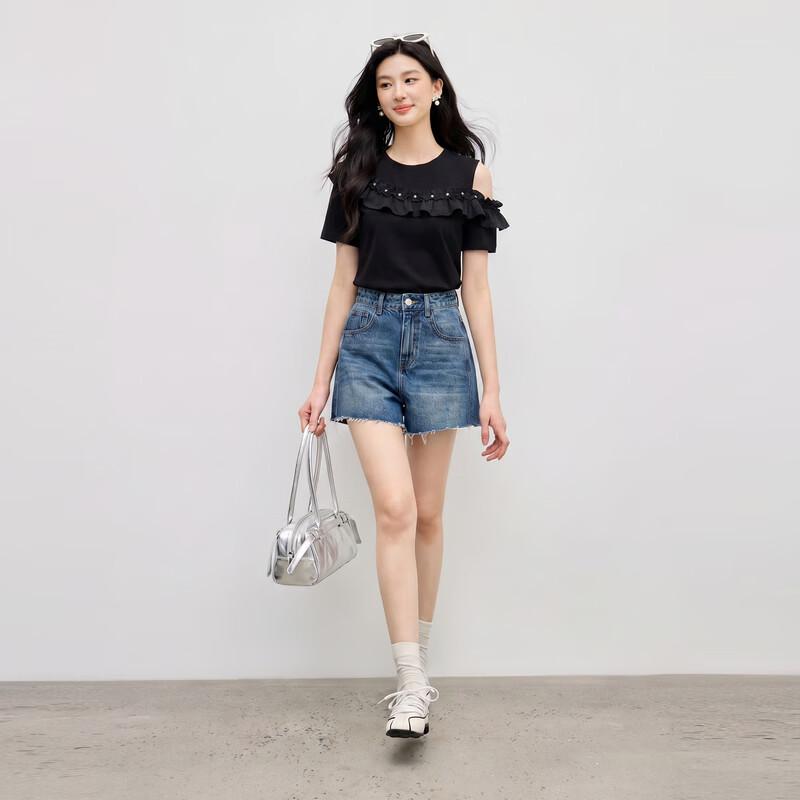 Women's Ruffle Asymmetric Off-Shoulder Slim T-Shirt