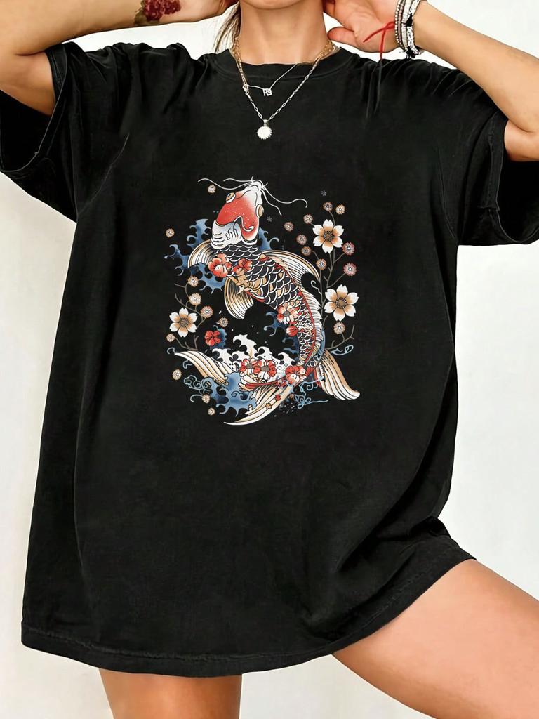 Black Oversized T Shirt With Koi Fish And Flowers Print For Casual Wear