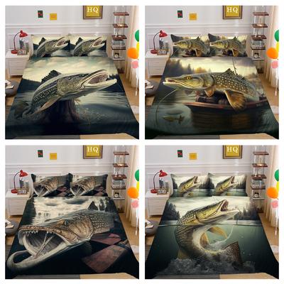 3D Fishing Pattern Bedding Set Big Fish Print Quilt Cover Pillowcase 2/3 Piece Microfiber Fabric Full Size Home Decoration
