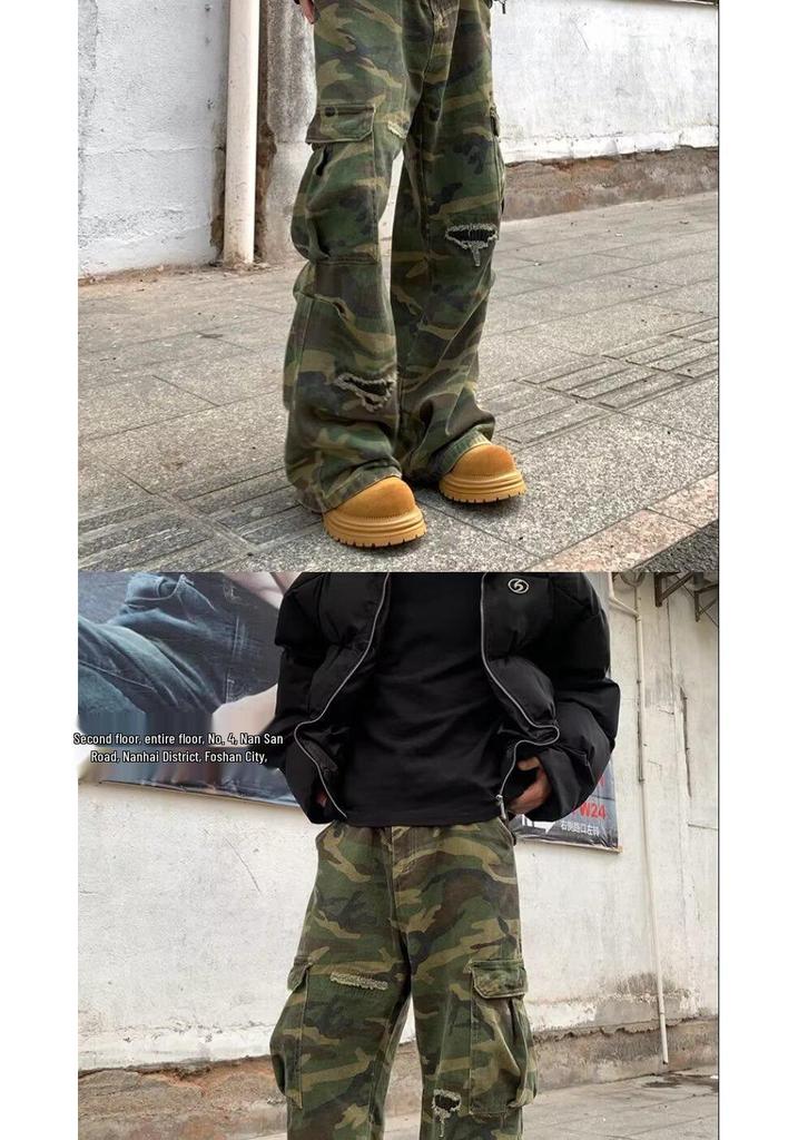 2025 Unisex Camouflage Distressed Micro-Flare Jeans with Multiple Pockets