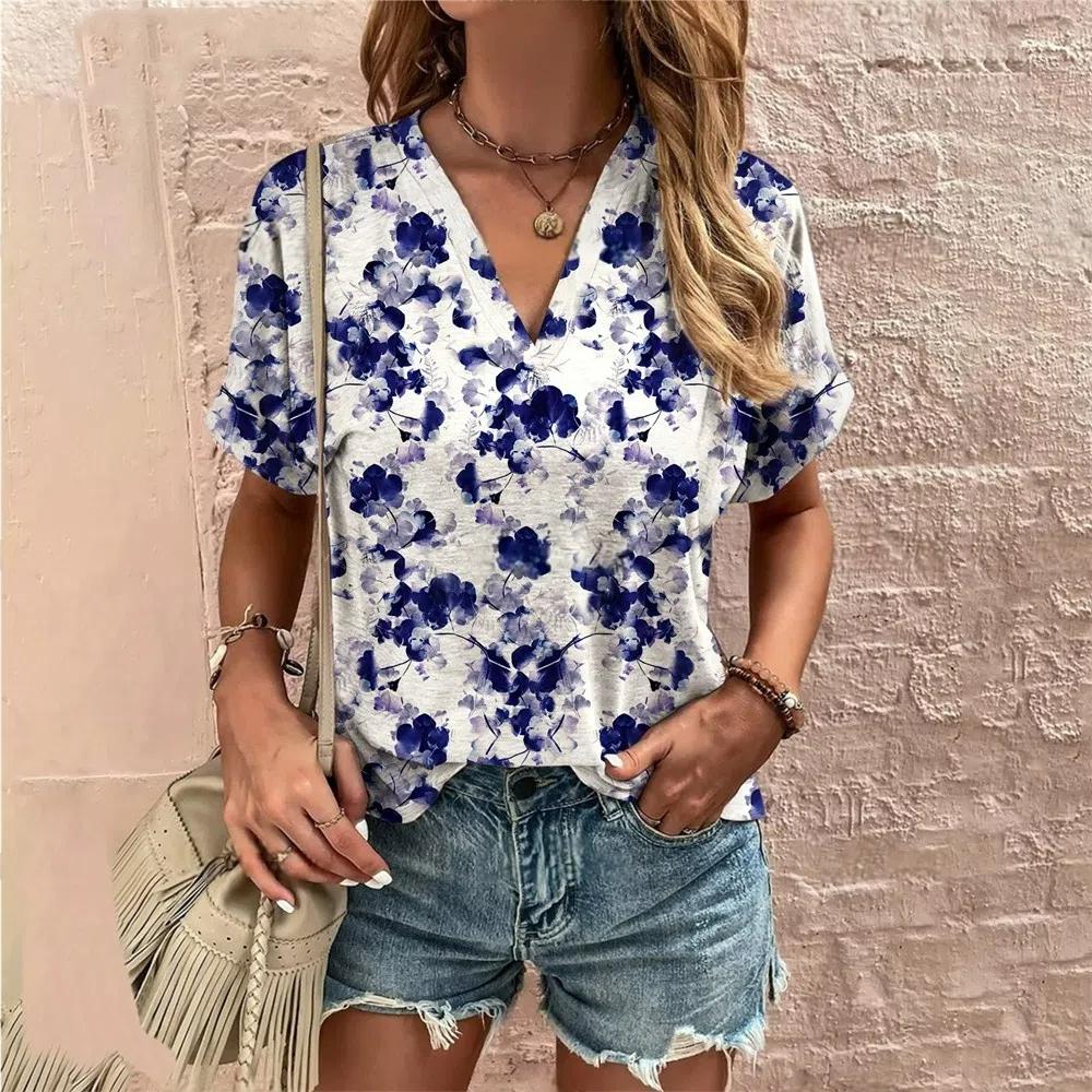 S-8XL Plus Size Crushed Flower Casual T Shirts Streetwear Casual Women's Short Sleeve Tops Tees V Neck T-shirt Fashion Clothing